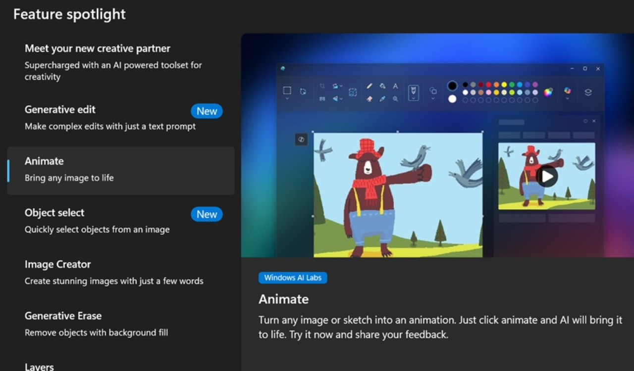 Windows 11 Paint App lisää AI-animaatio- ja kuvankäsittelytyökalut